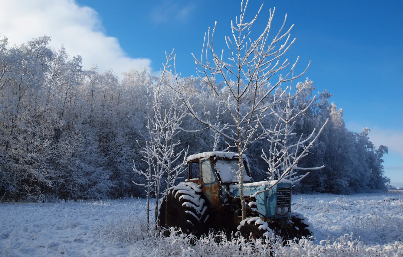 Photo wallpaper winter, field, trees, landscape, nature, tractor