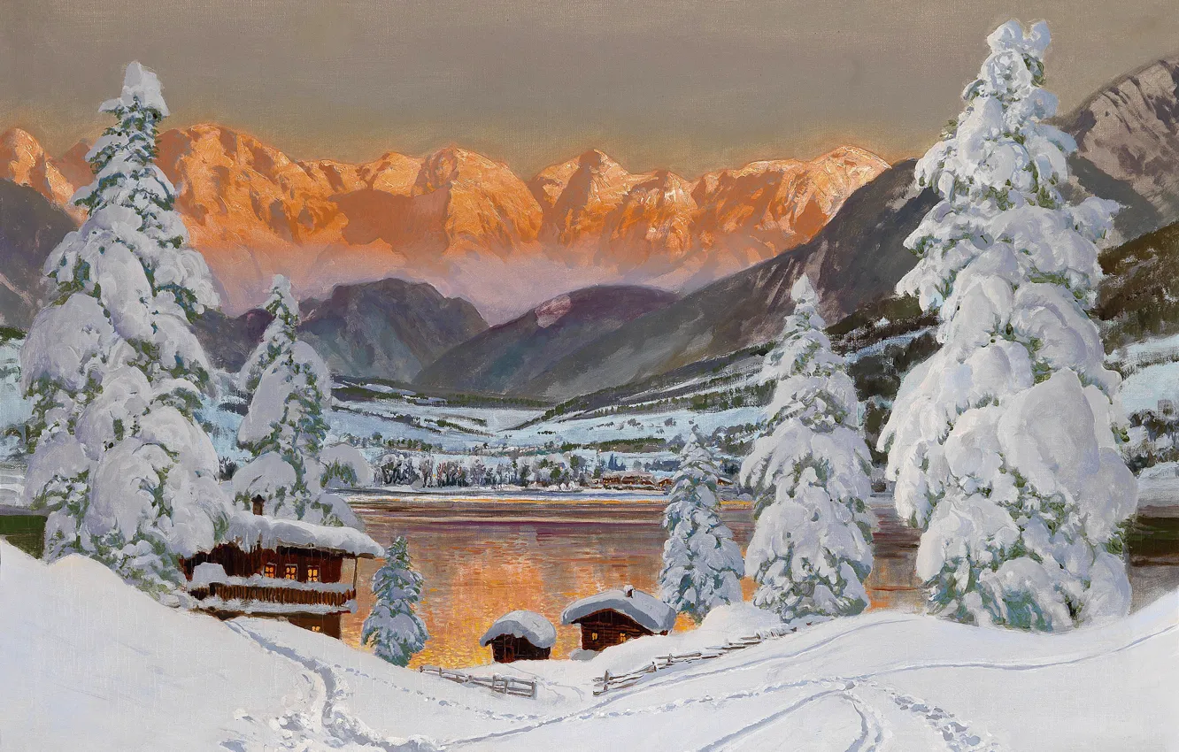 Photo wallpaper ice, snow, landscape, sunset, mountains, fog, tree, Alps