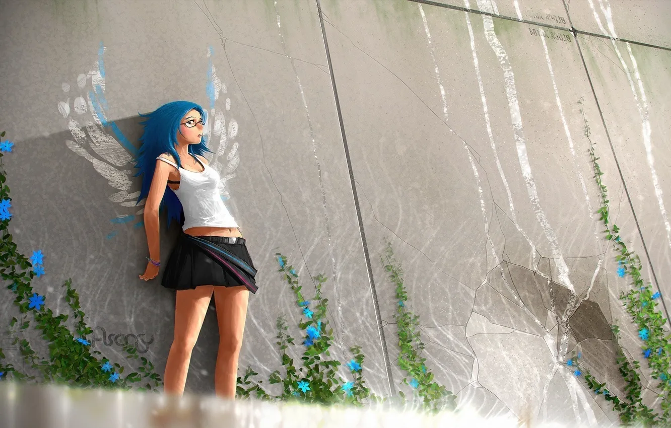 Photo wallpaper glass, girl, flowers, wings, Anime