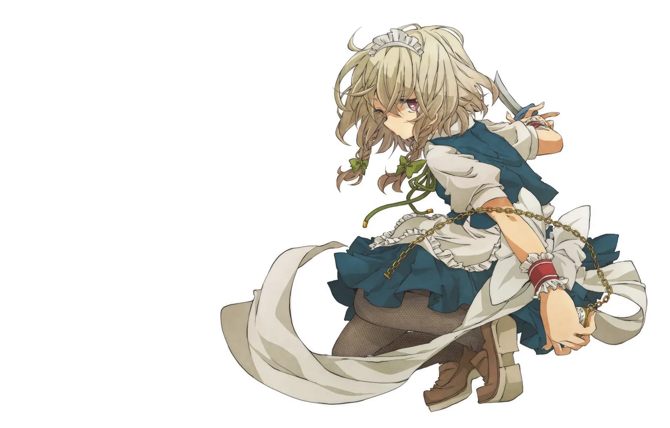 Photo wallpaper watch, knife, white background, braids, sitting, touhou, the maid, art