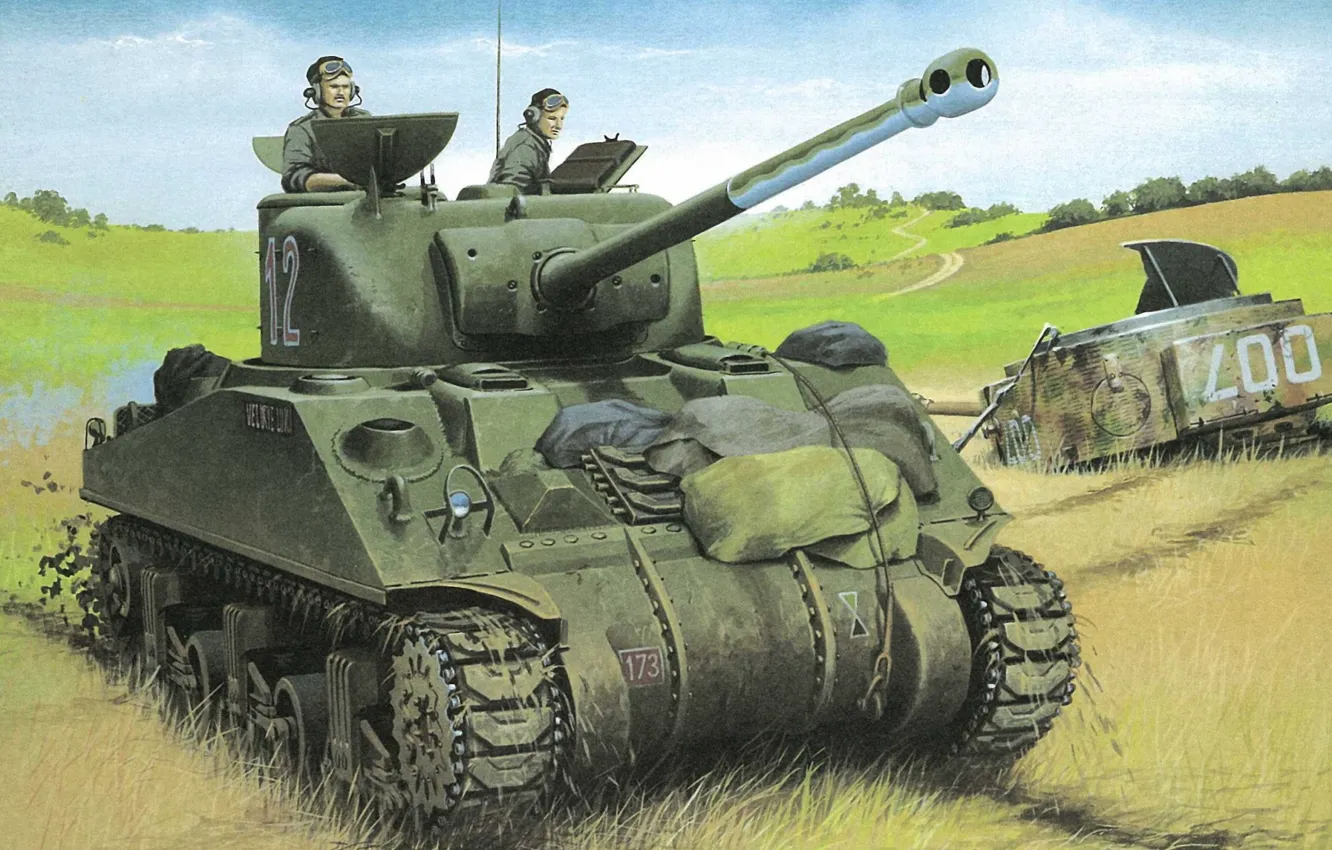 Photo wallpaper field, figure, art, tank, WW2, tankers, with a 76-mm gun "Sherman", M4A1(76)W us