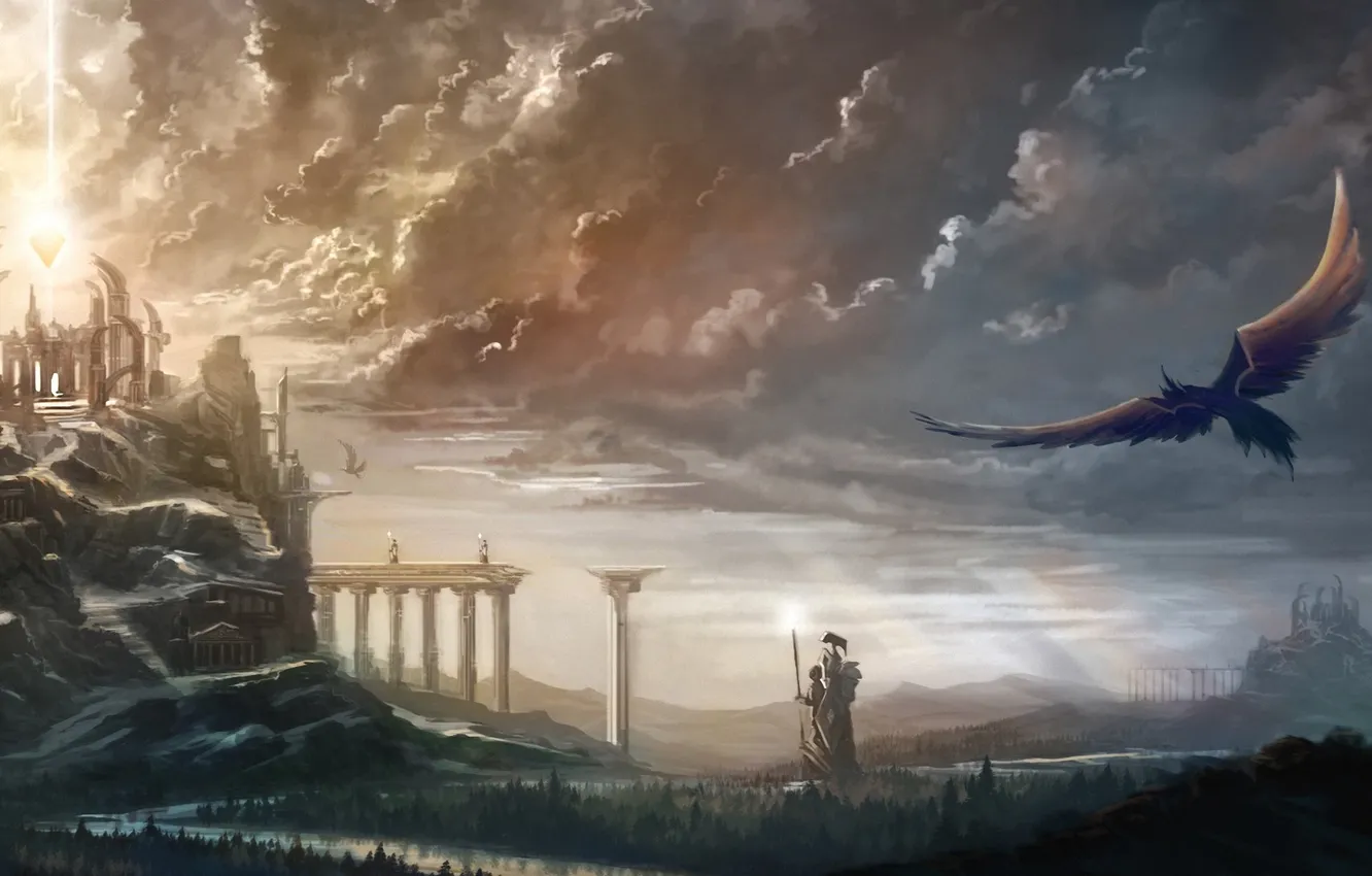 Photo wallpaper clouds, bridge, river, castle, bird, art, temple, crystals