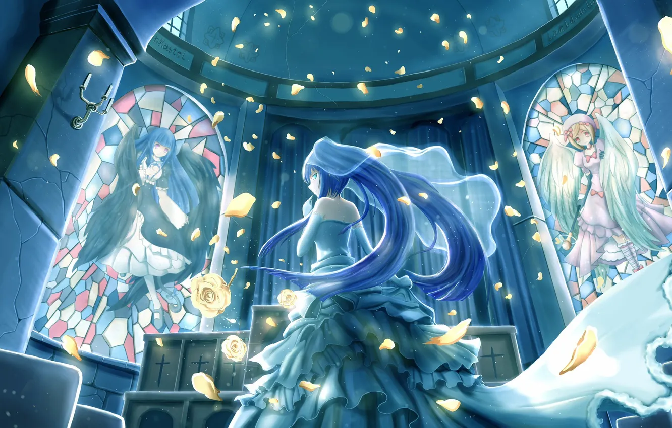 Photo wallpaper girl, flowers, roses, anime, petals, art, veil, Umineko no Naku Koro ni