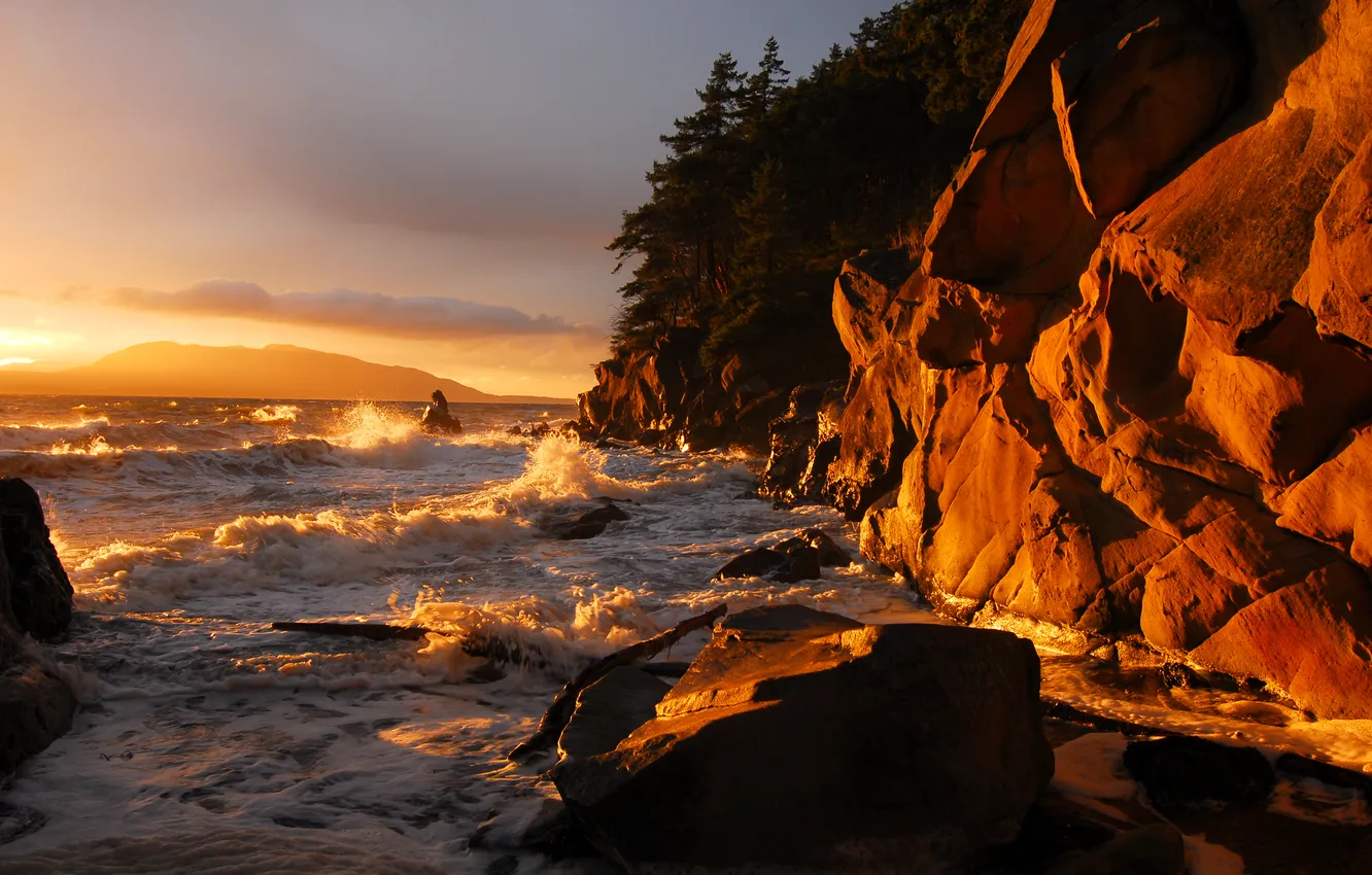 Photo wallpaper sunset, storm, shore, beach, clayton, rock