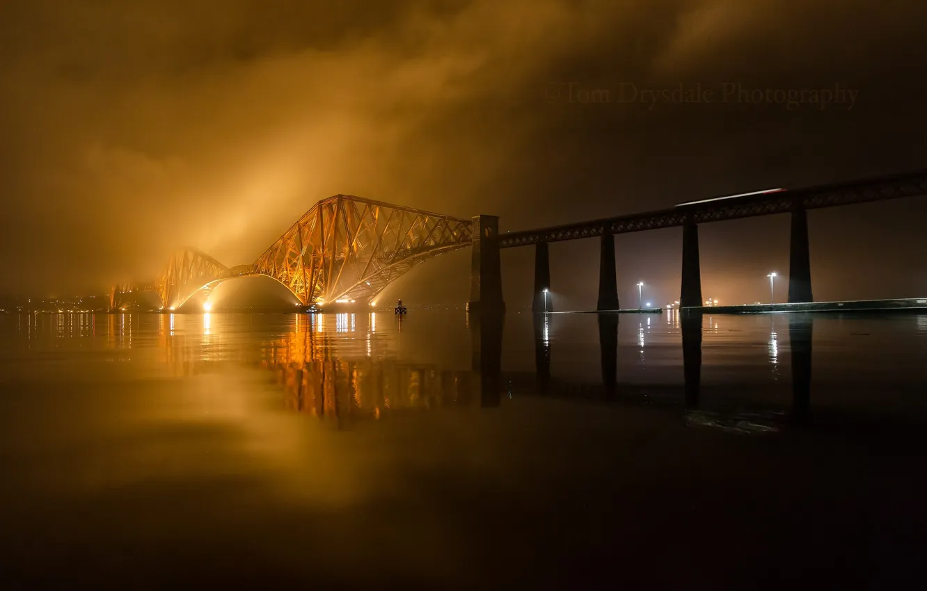 Photo wallpaper night, bridge, lights, fog, river