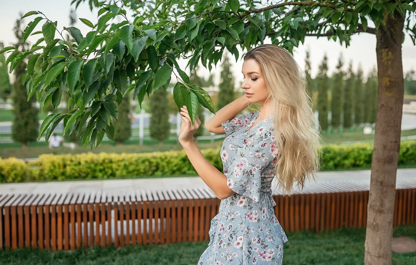 Photo wallpaper beauty, blonde, blue dress, A Diakov George