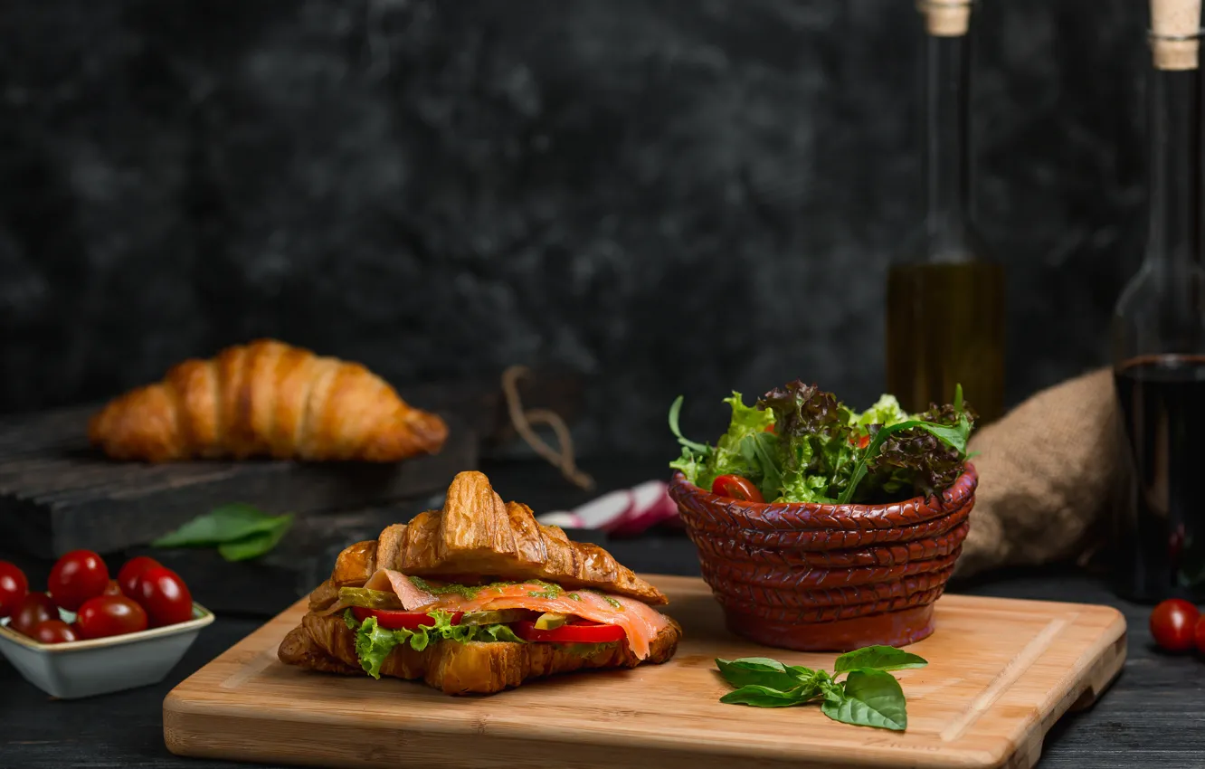 Photo wallpaper leaves, fish, tomatoes, salad, sandwiches, fillet