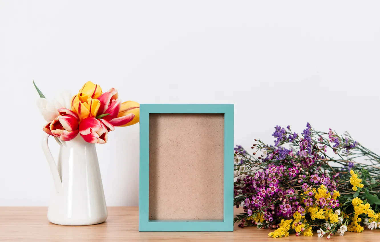Photo wallpaper flowers, photo, bouquet, frame, colorful, tulips, vase, flowers