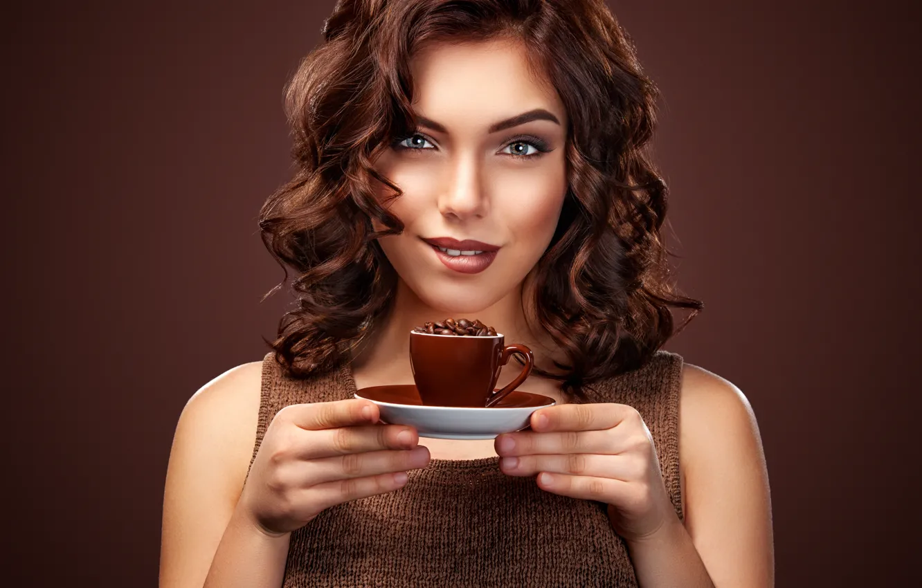 Photo wallpaper look, girl, smile, coffee, makeup, hairstyle, Cup, Mykhailo Orlov