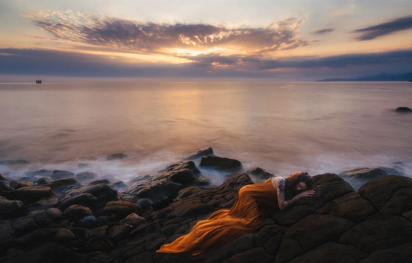 Photo wallpaper the sky, girl, landscape, nature, romance, dal, dress, long hair