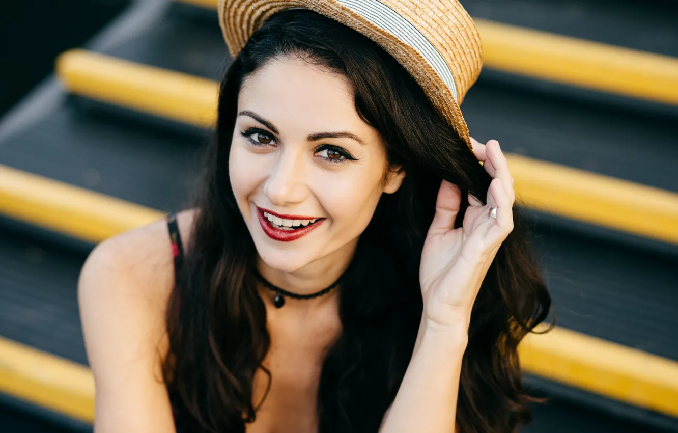 Photo wallpaper girl, smile, woman, portrait, hat, makeup, brunette