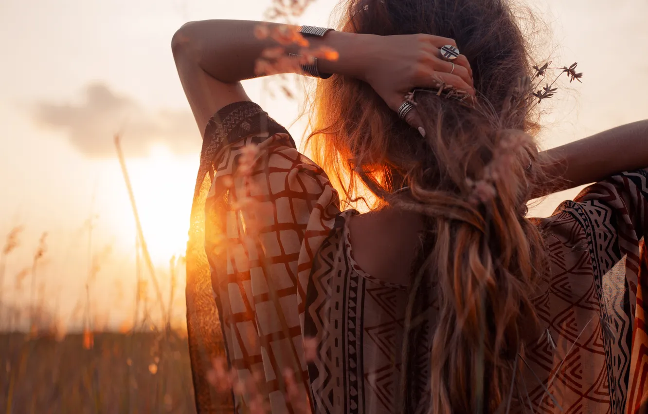 Photo wallpaper woman, sunset, freedom, Youth