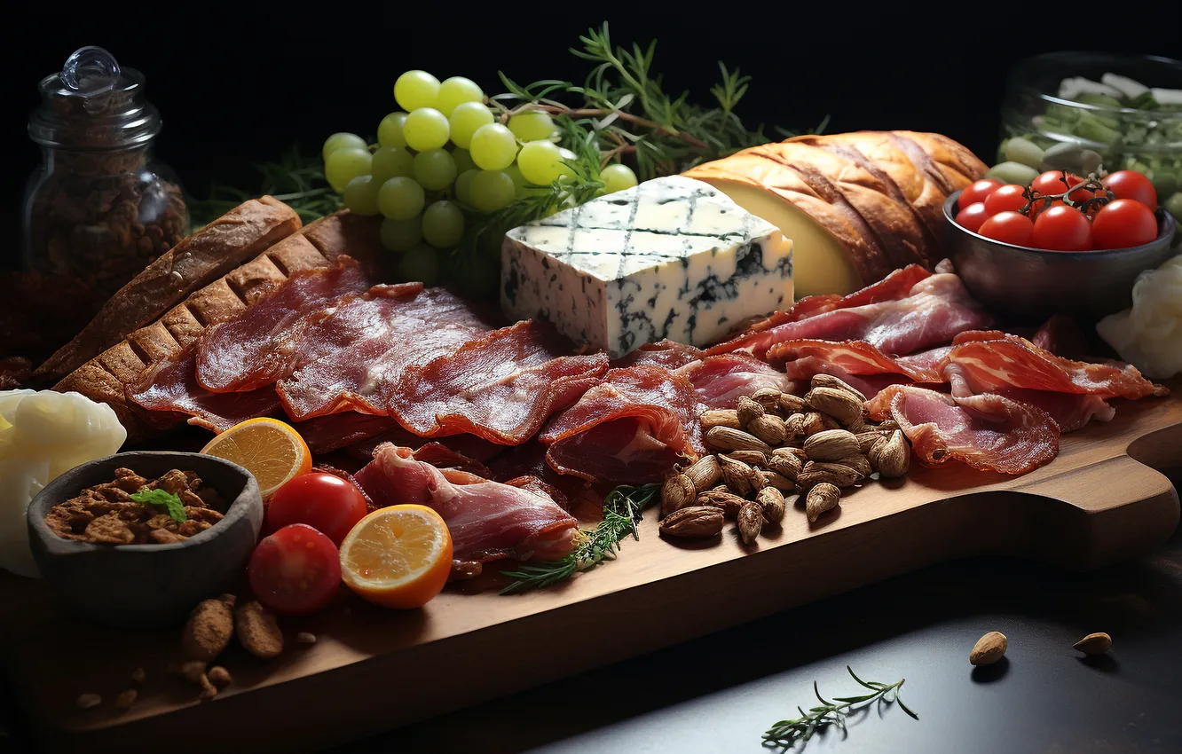 Photo wallpaper cheese, grapes, meat, AI art, neural network