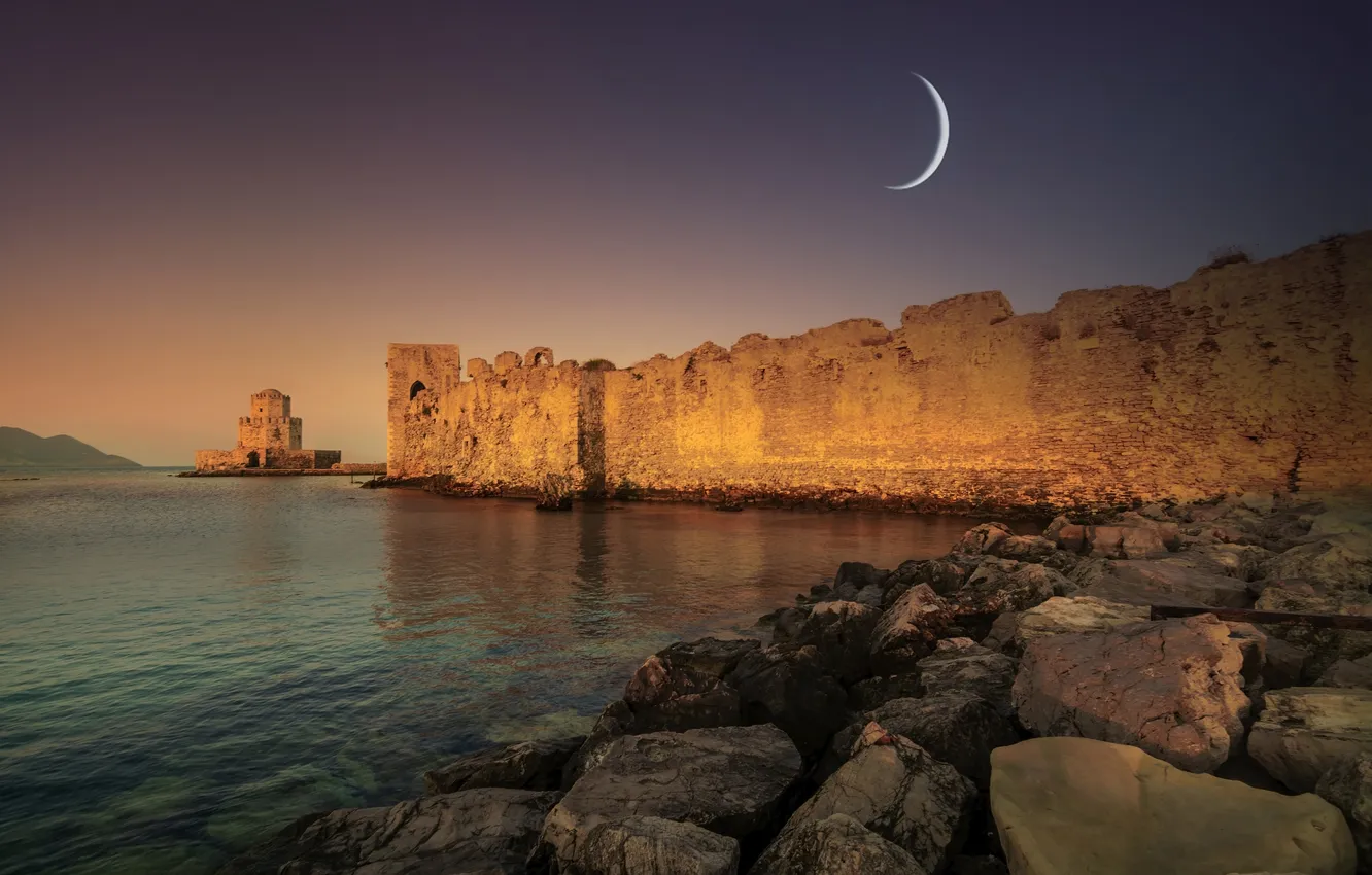 Photo wallpaper the sky, light, stones, rocks, the moon, shore, a month, twilight