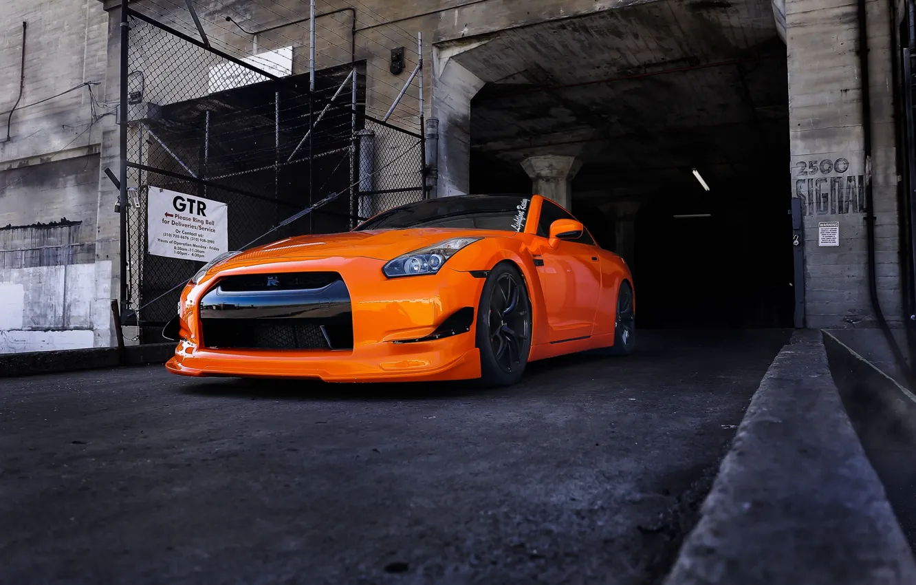 Photo wallpaper orange, tuning, nissan, front view, Nissan, gt-r, orange, r35