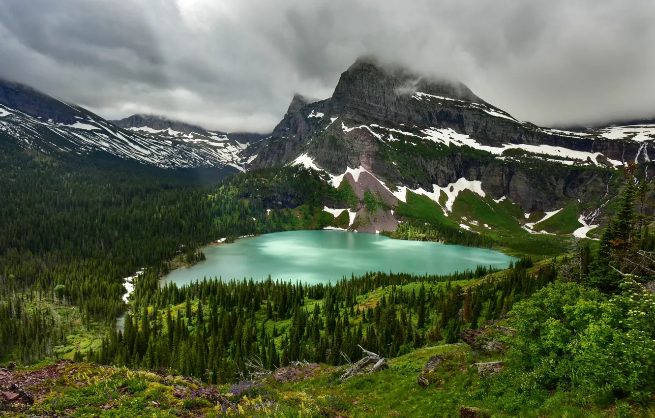 Photo wallpaper trees, landscape, mountains, Montana, USA, lake Grinnell