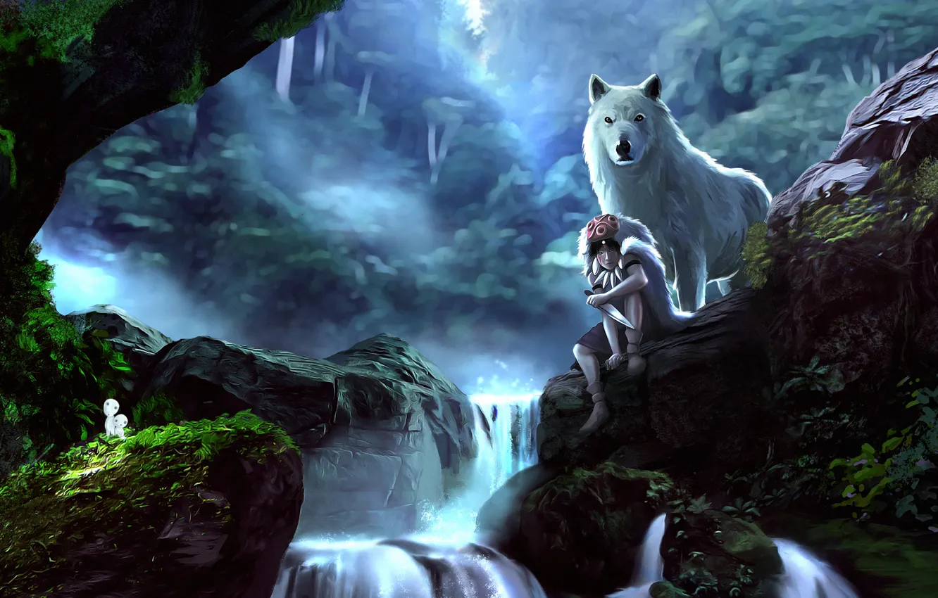 Photo wallpaper forest, girl, stones, wolf, art, princess mononoke