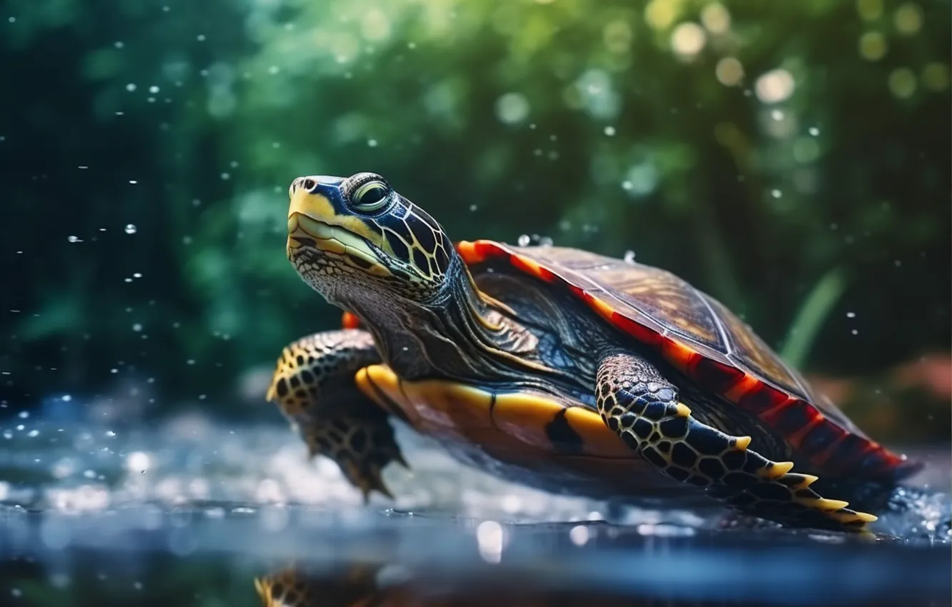 Photo wallpaper look, water, squirt, nature, pose, jump, turtle, pond