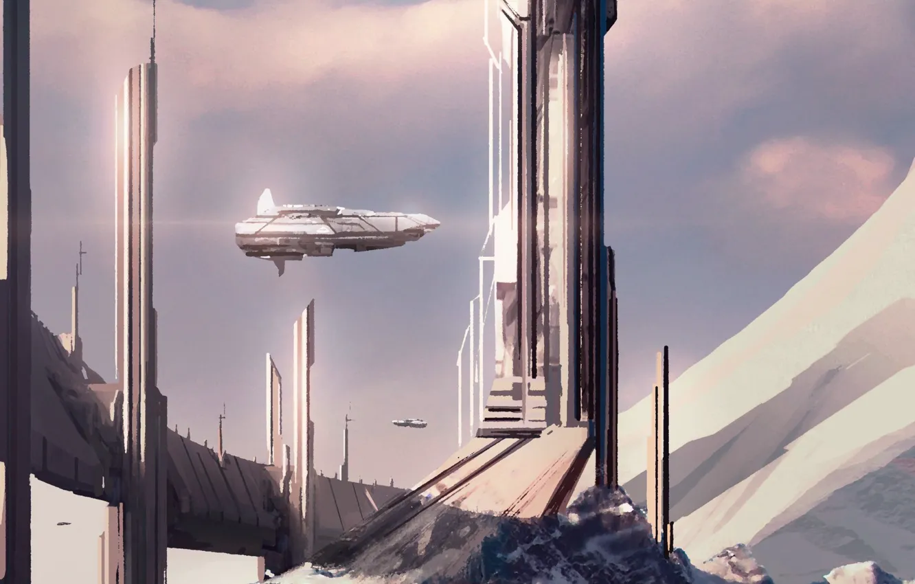 Photo wallpaper mountains, tower, aircraft, base number 3, quick sketch