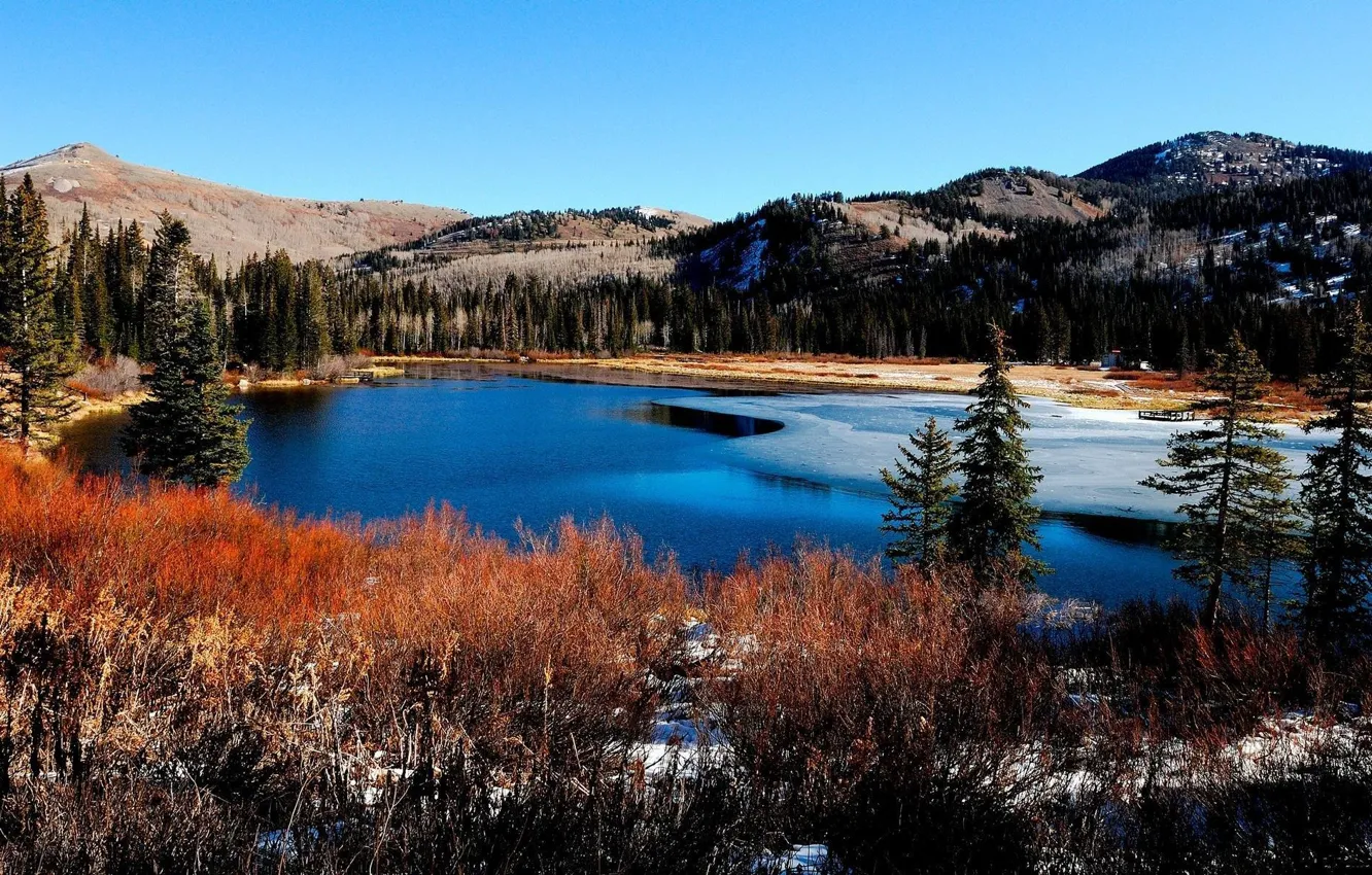 Photo wallpaper ice, forest, mountains, river, Bank