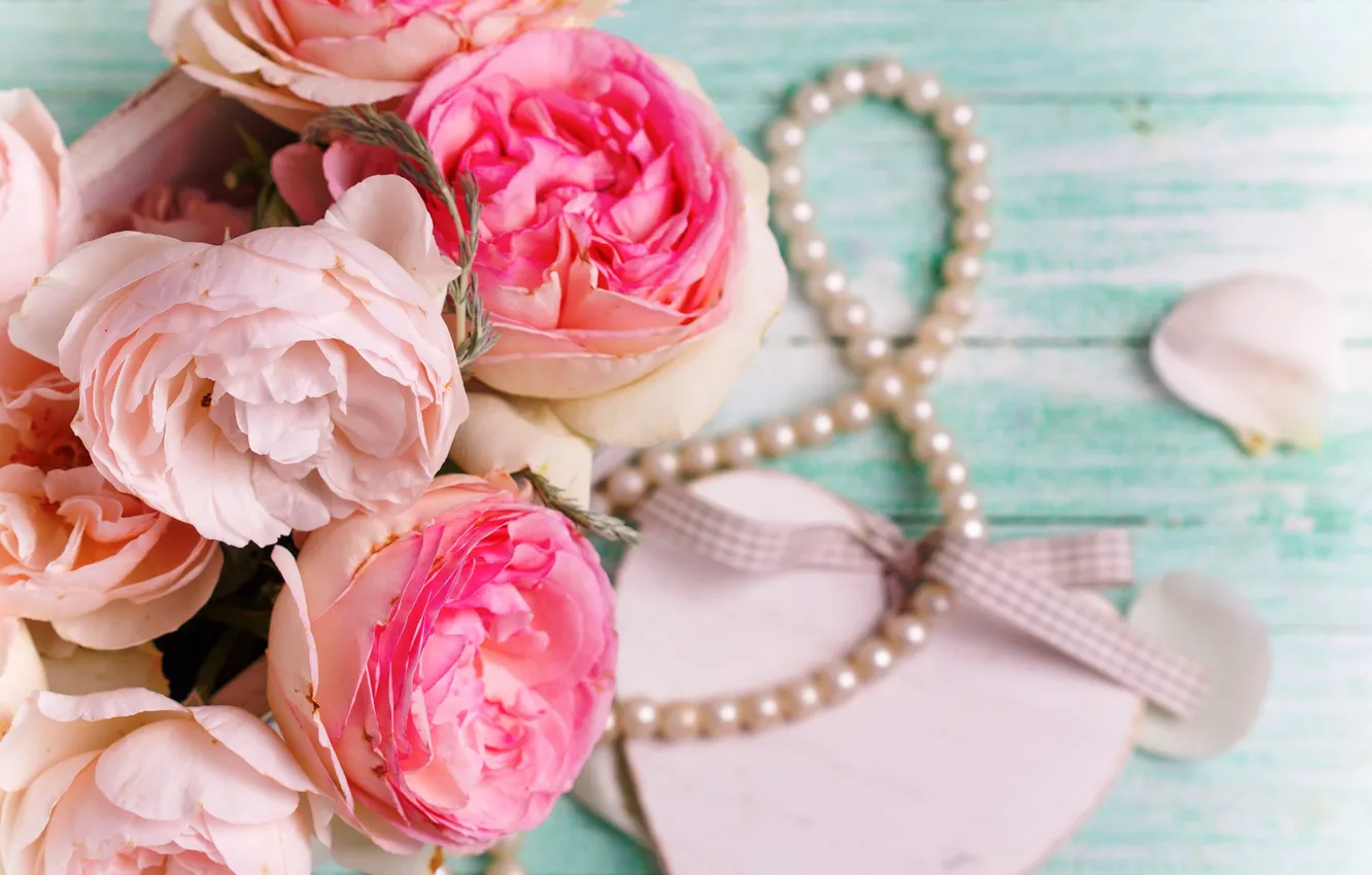 Photo wallpaper flowers, roses, bouquet, love, pink, vintage, heart, wood