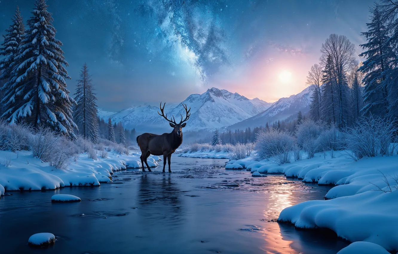 Photo wallpaper winter, forest, snow, river, tree, deer, forest, nature
