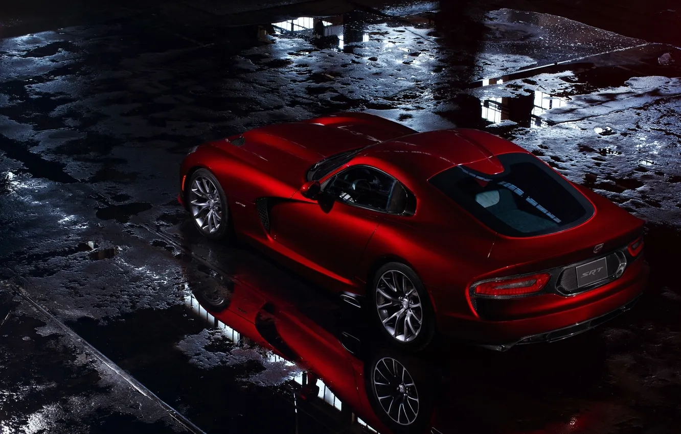 Photo wallpaper red, reflection, Dodge, puddles, Dodge, supercar, Viper, rear view