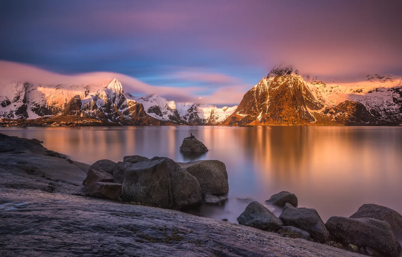 Photo wallpaper sunset, mountain, island, Norway, Lofoten