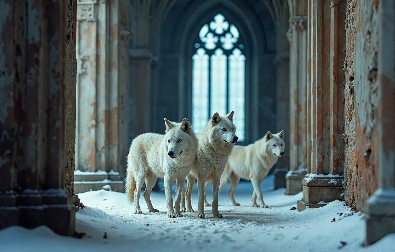 Photo wallpaper snow, trio, Trinity, white wolves, neural network
