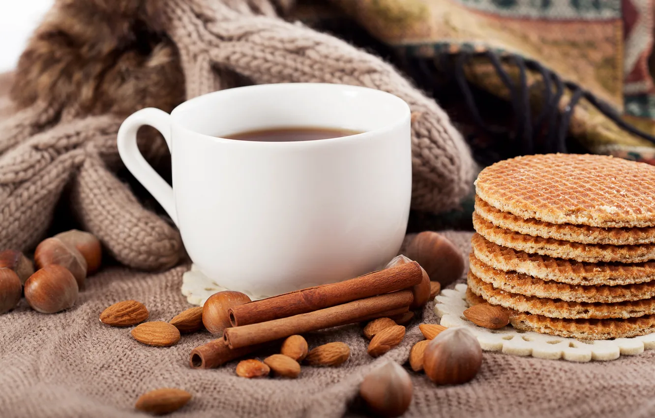 Photo wallpaper coffee, Cup, drink, nuts, cinnamon, waffles