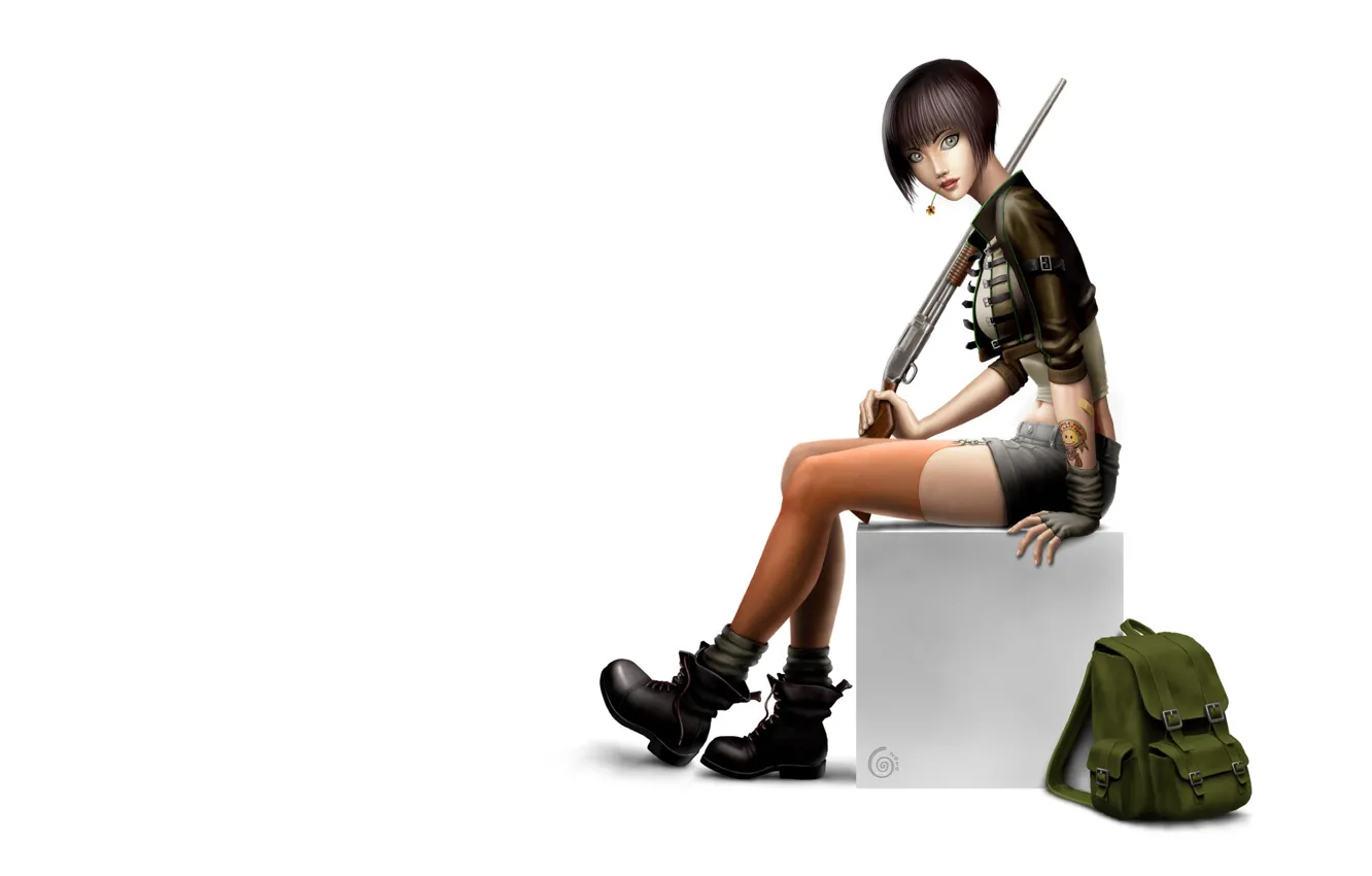 Photo wallpaper flower, look, girl, shorts, the gun, backpack, Kare, dark-haired