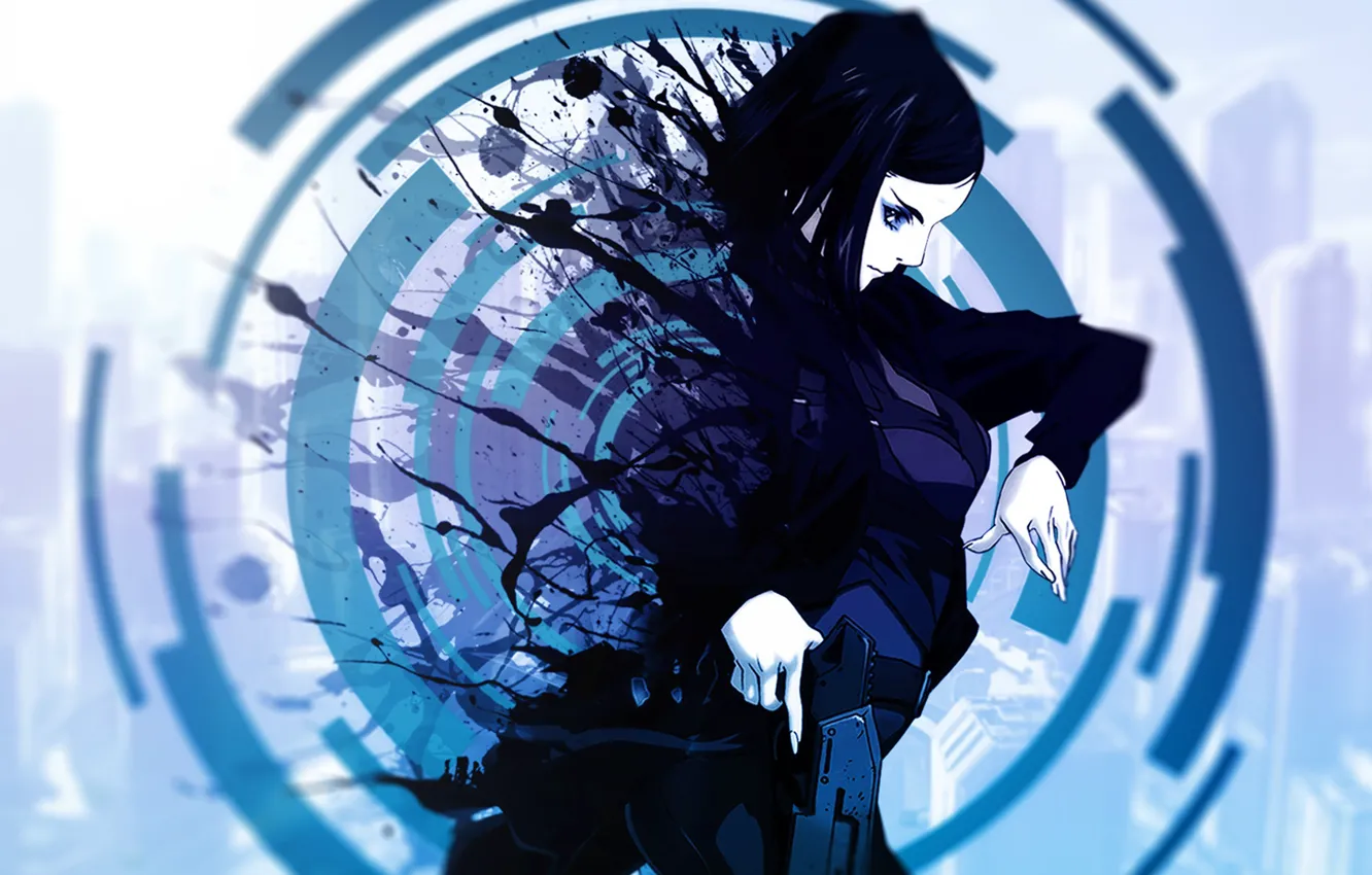 Photo wallpaper circles, squirt, gun, Ergo Proxy, blue, holster, blurred background, the disappearance