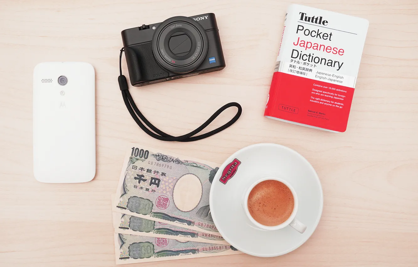 Photo wallpaper coffee, money, camera, dictionary, the camera, Cup, Sony, cappuccino