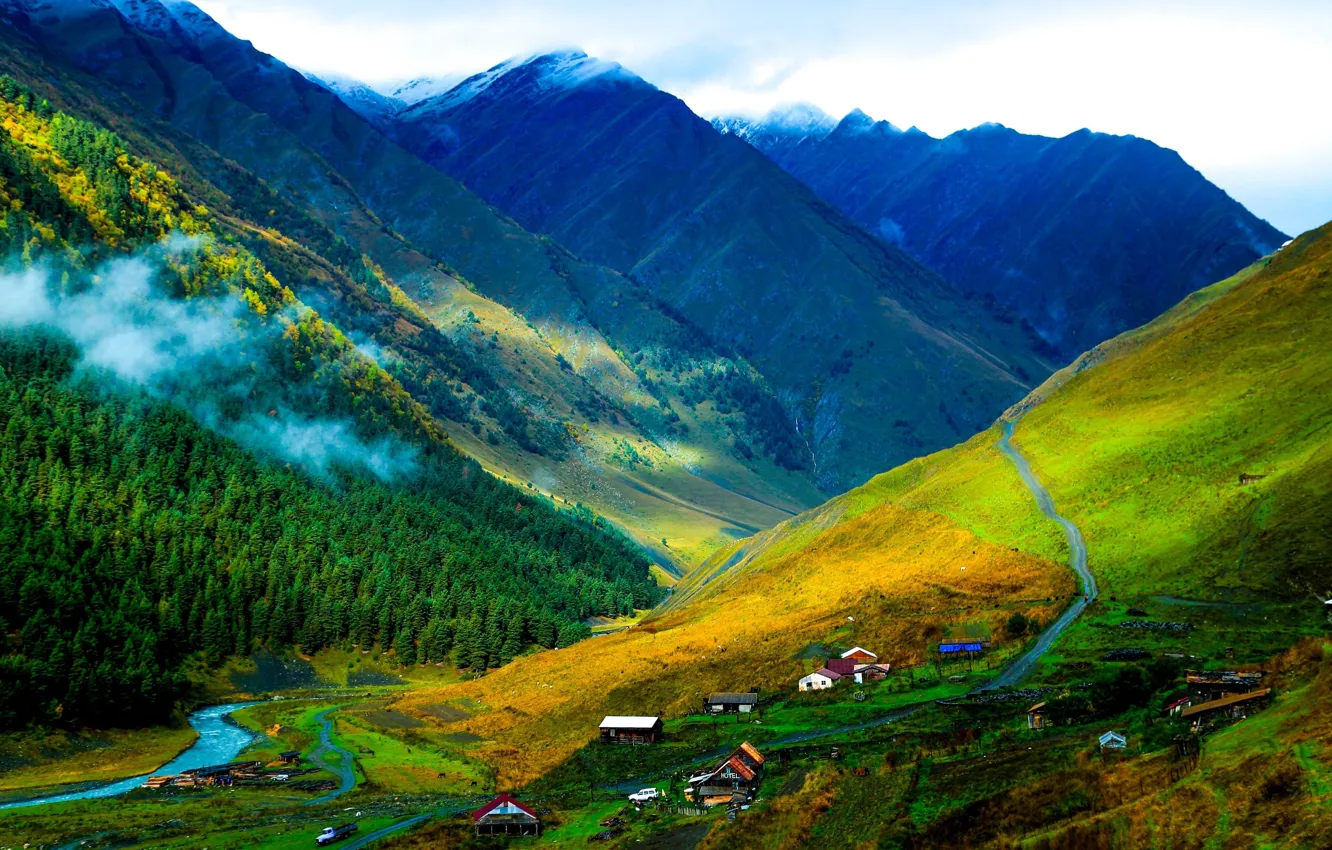 Photo wallpaper the sky, clouds, trees, mountains, smoke, slope, house, river