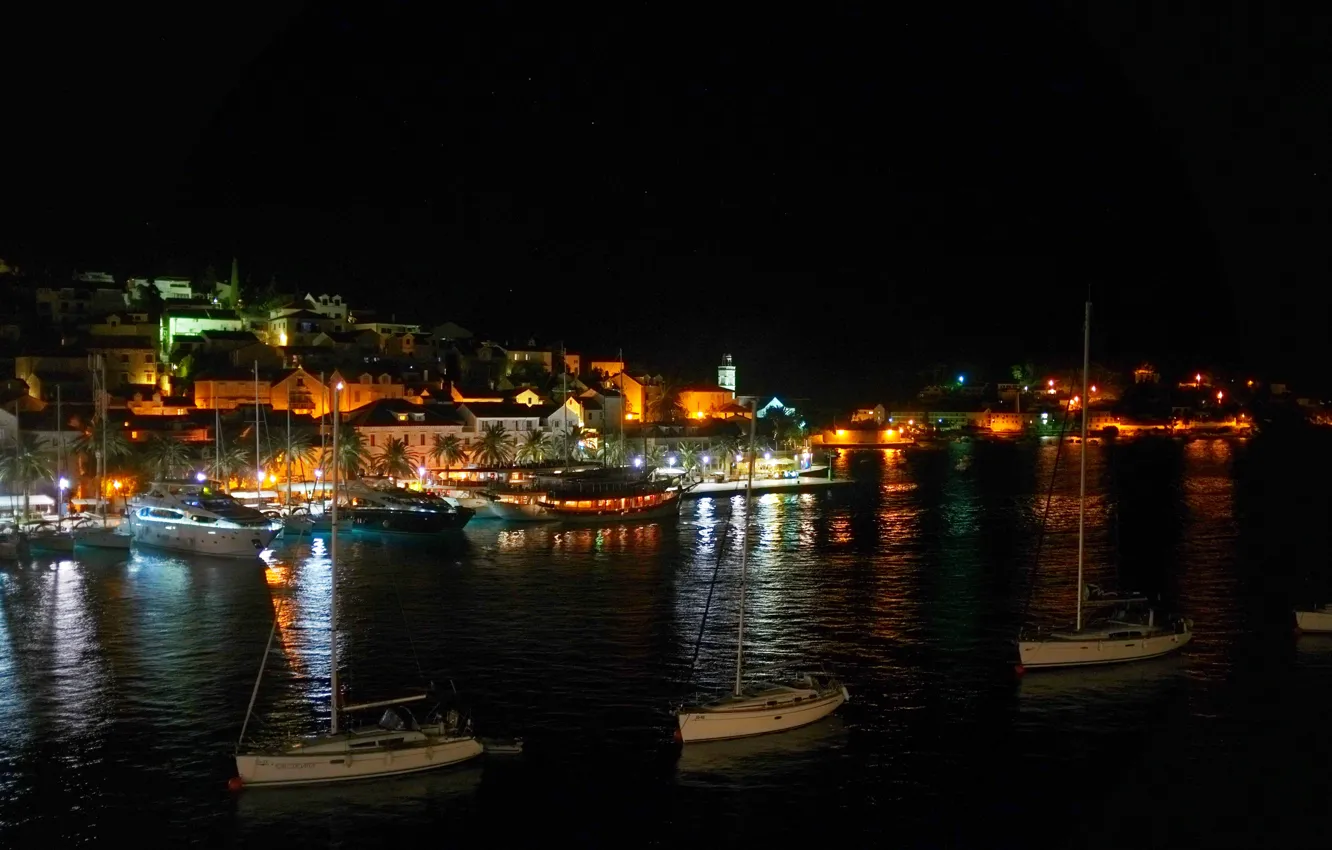 Photo wallpaper sea, night, lights, coast, island, home, boats, pier
