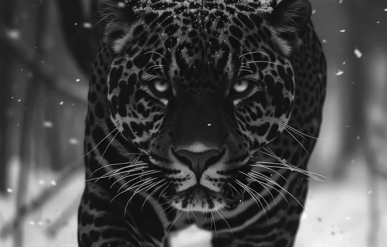 Photo wallpaper Winter, Look, Snow, Jaguar, Face, Predator, Front, Digital art