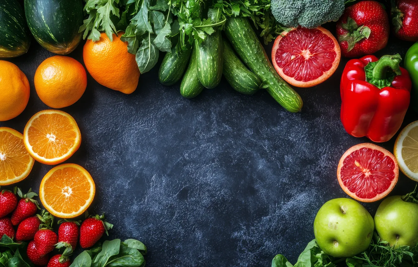 Photo wallpaper greens, berries, apples, orange, harvest, strawberry, pepper, fruit