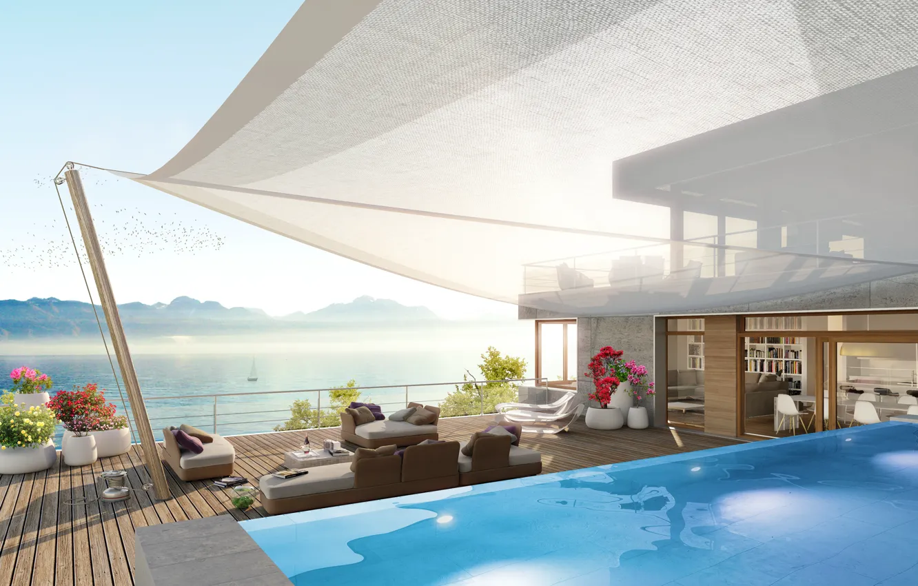 Photo wallpaper pool, lake, villa, luxury, boat, terrace