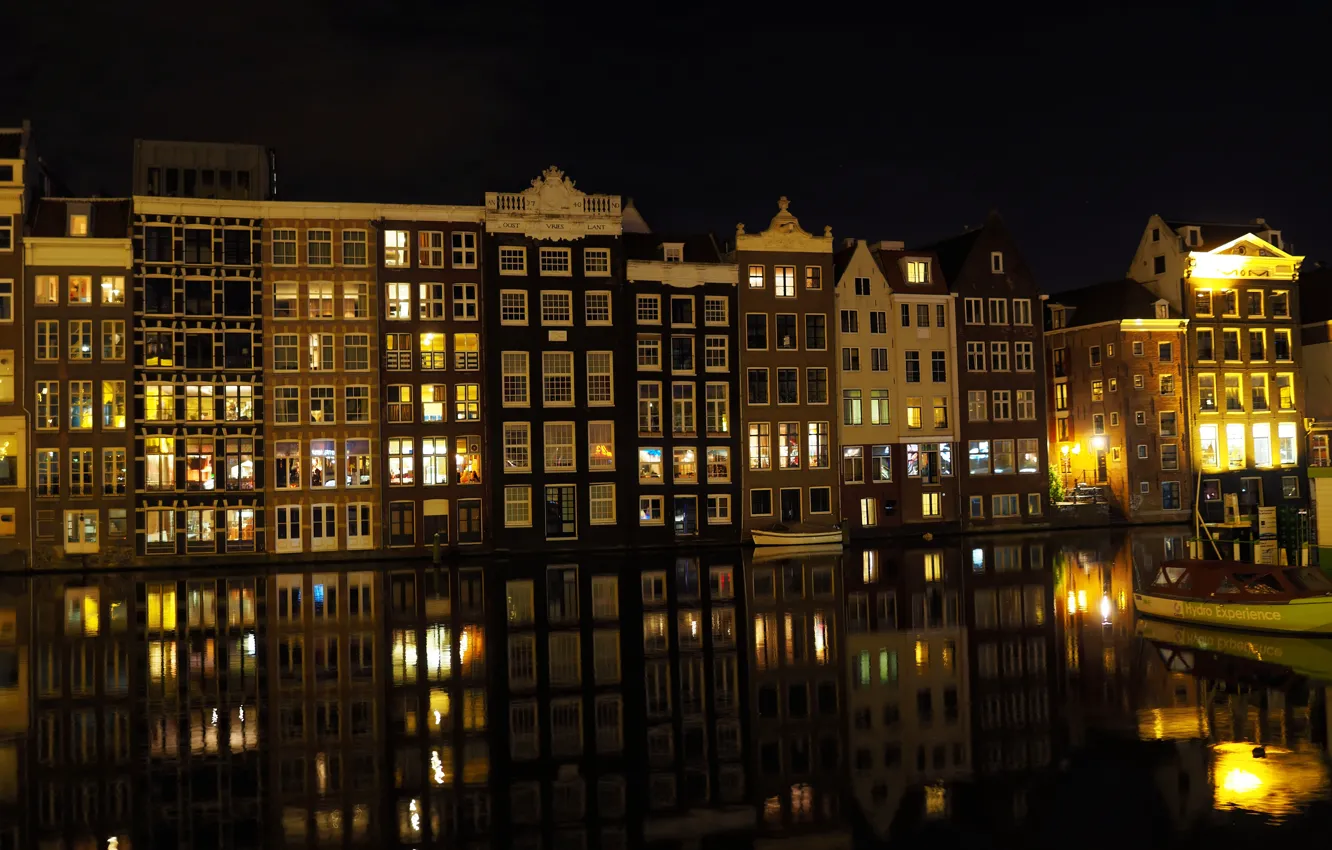 Photo wallpaper Night, Channel, Amsterdam, Building, Netherlands, Amsterdam, Night, Netherlands