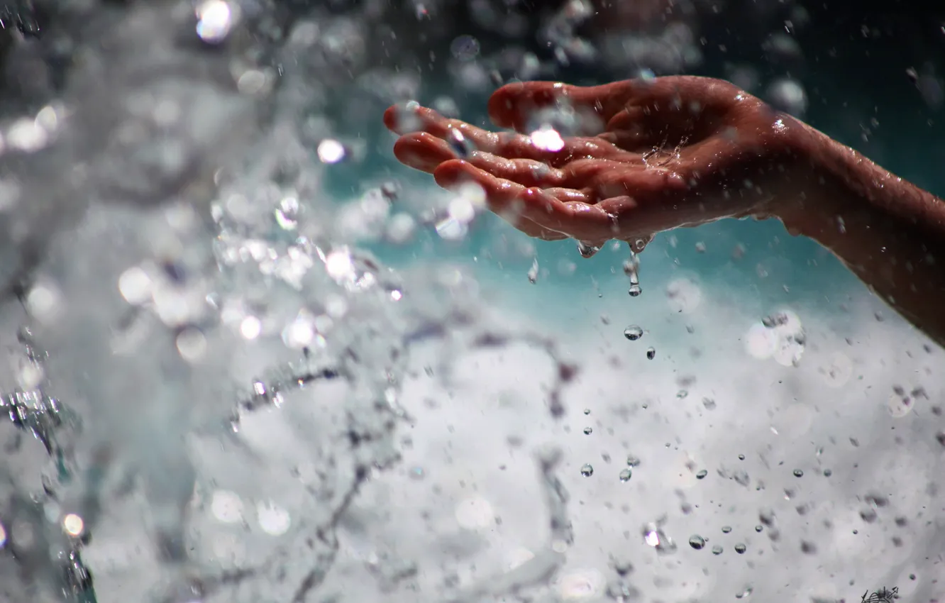 Photo wallpaper water, drops, macro, hands