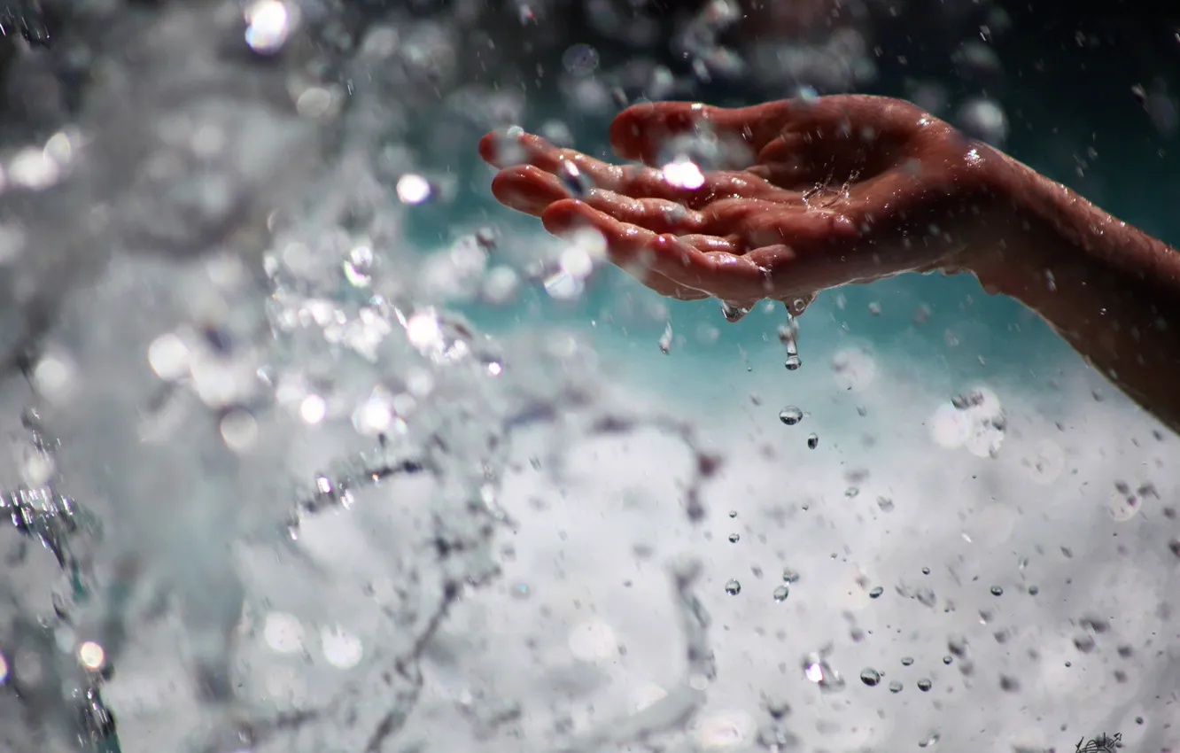 Photo wallpaper water, drops, macro, hand