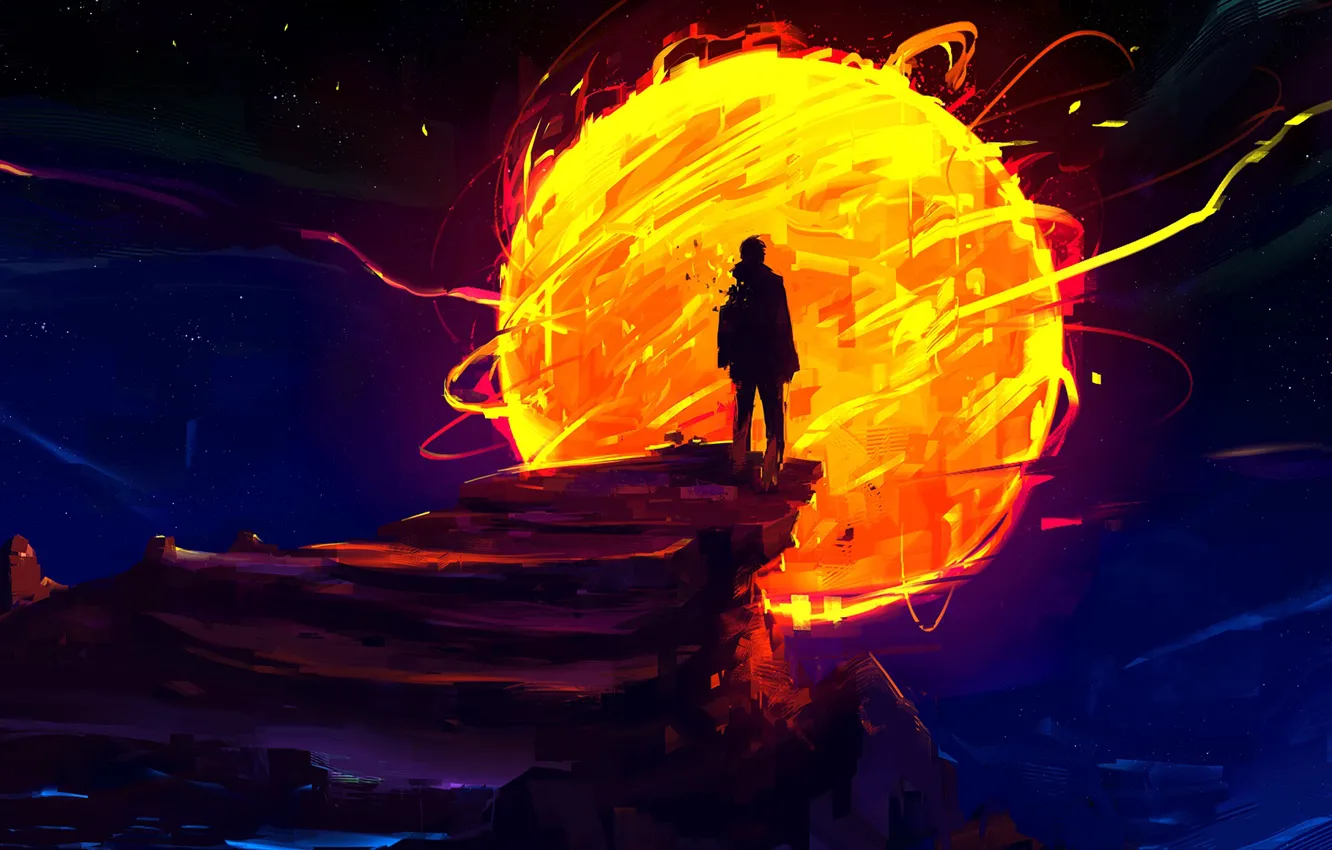 Photo wallpaper fire, night, art, sun, man, digital art, artwork, silhouette