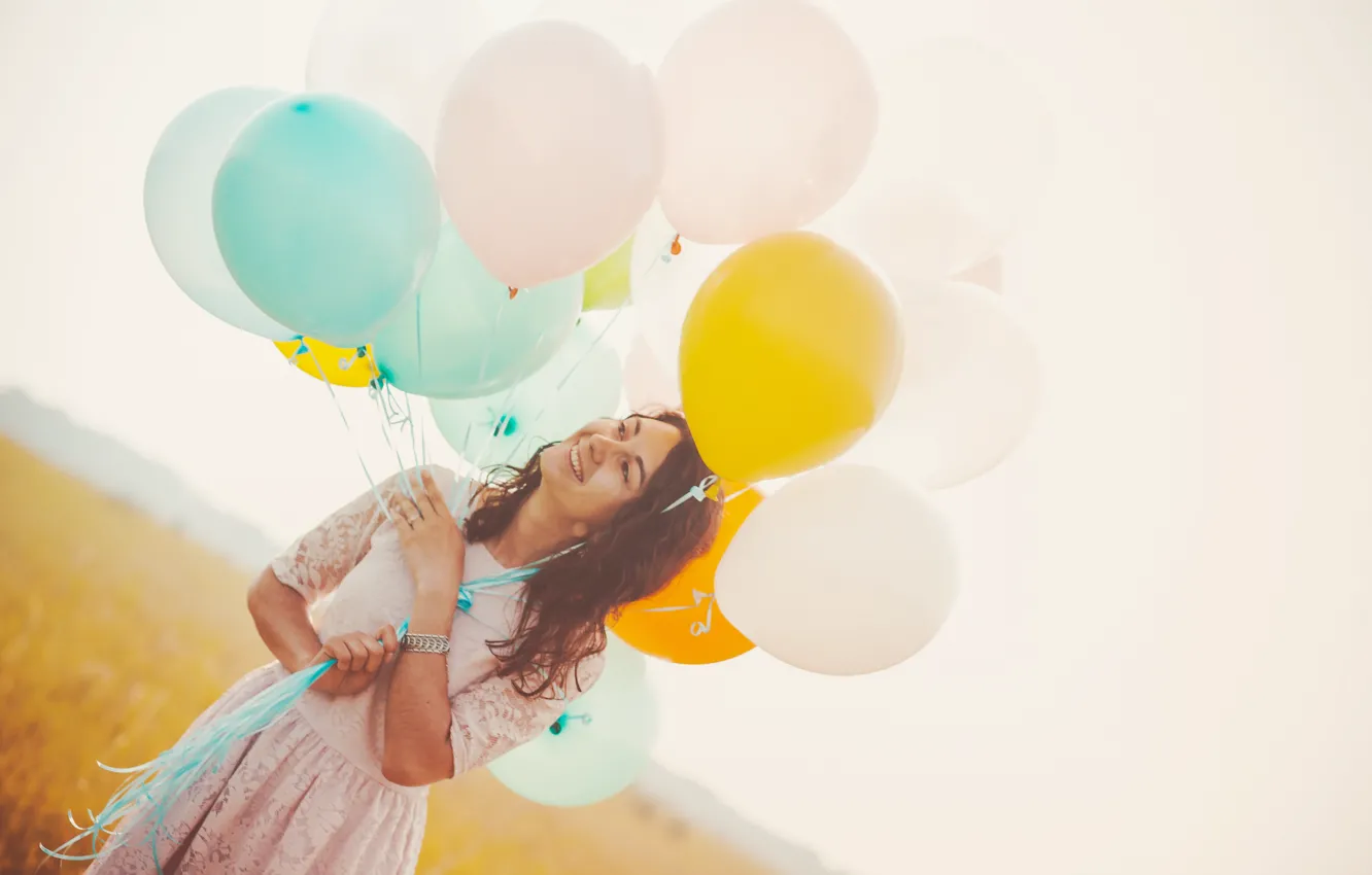 Photo wallpaper field, girl, balls, joy, dress