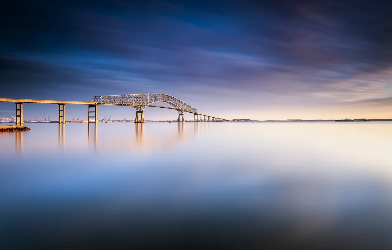 Photo wallpaper the sky, water, clouds, bridge, surface, river, day, USA