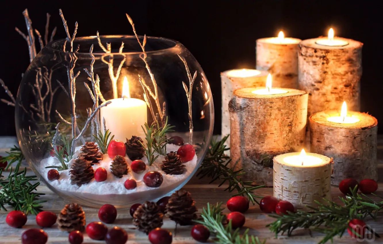 Photo wallpaper branches, candles, bumps, composition, cranberry