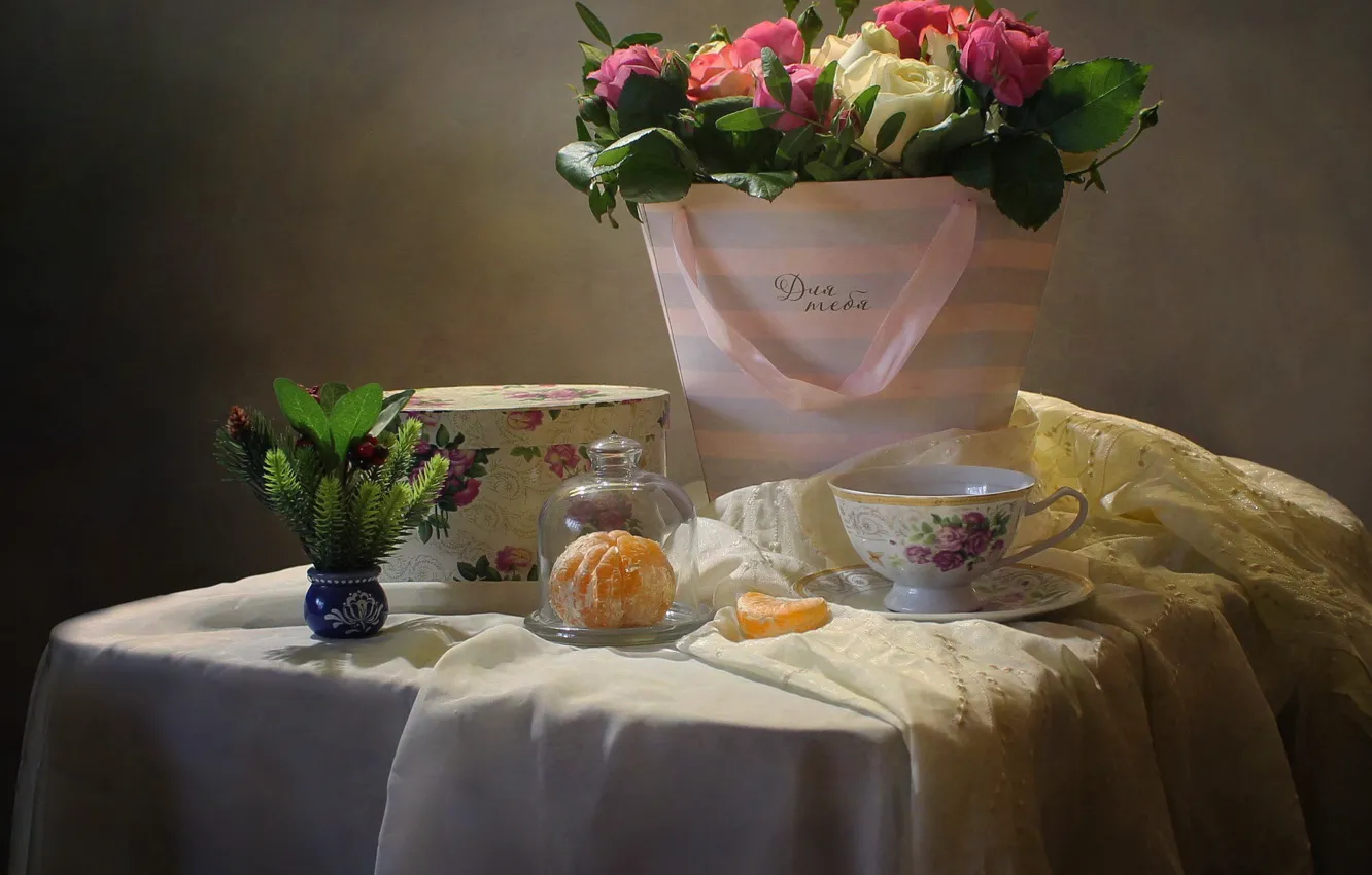 Photo wallpaper flowers, table, box, gift, roses, slice, Cup, still life