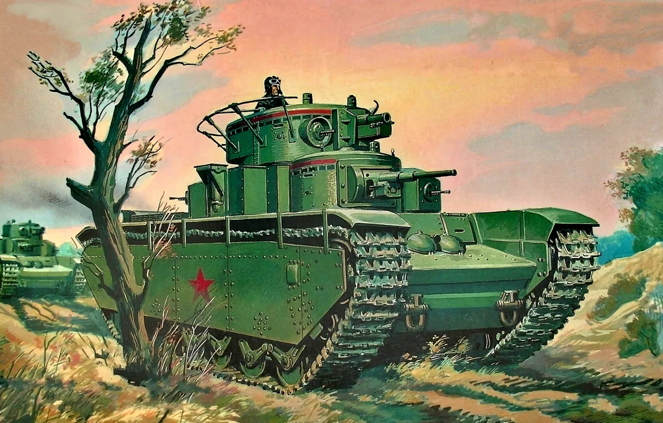 Photo wallpaper Tree, USSR, The Red Army, Breakthrough tank, T-35, Heavy Tank, five-turret, Tanker
