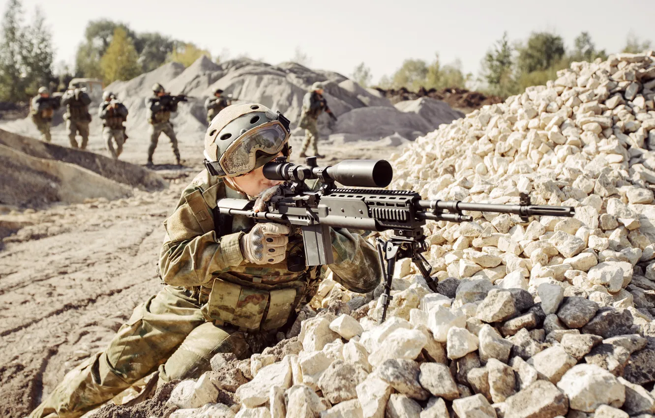 Photo wallpaper soldier, rifle, telescopic sight, training platoon