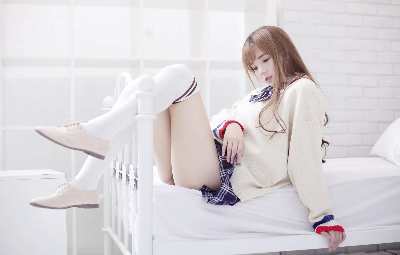Photo wallpaper model, women, brunette, asian, sitting, in bed, Schoolgirl, bent legs