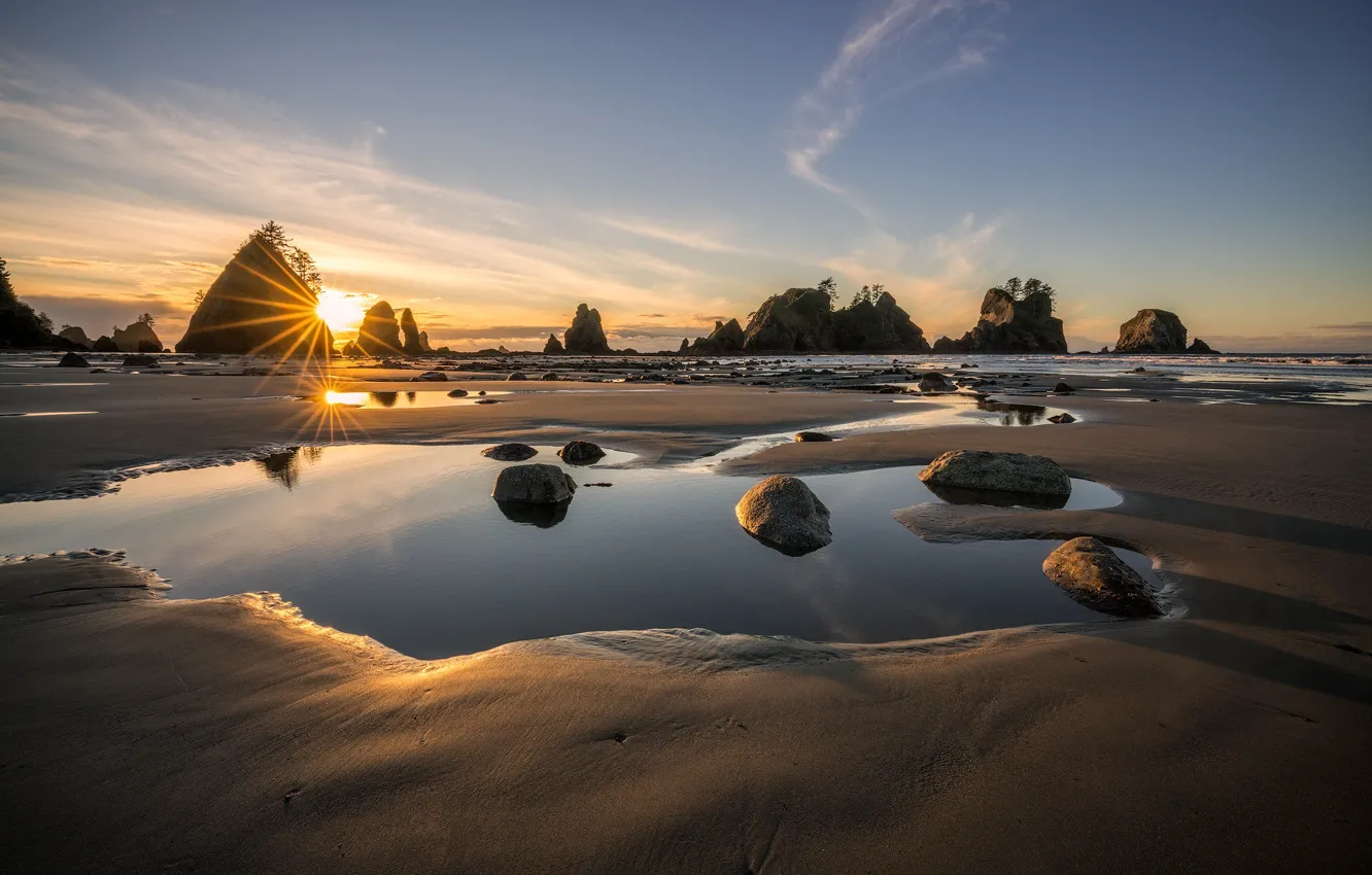 Photo wallpaper sea, sunset, tide